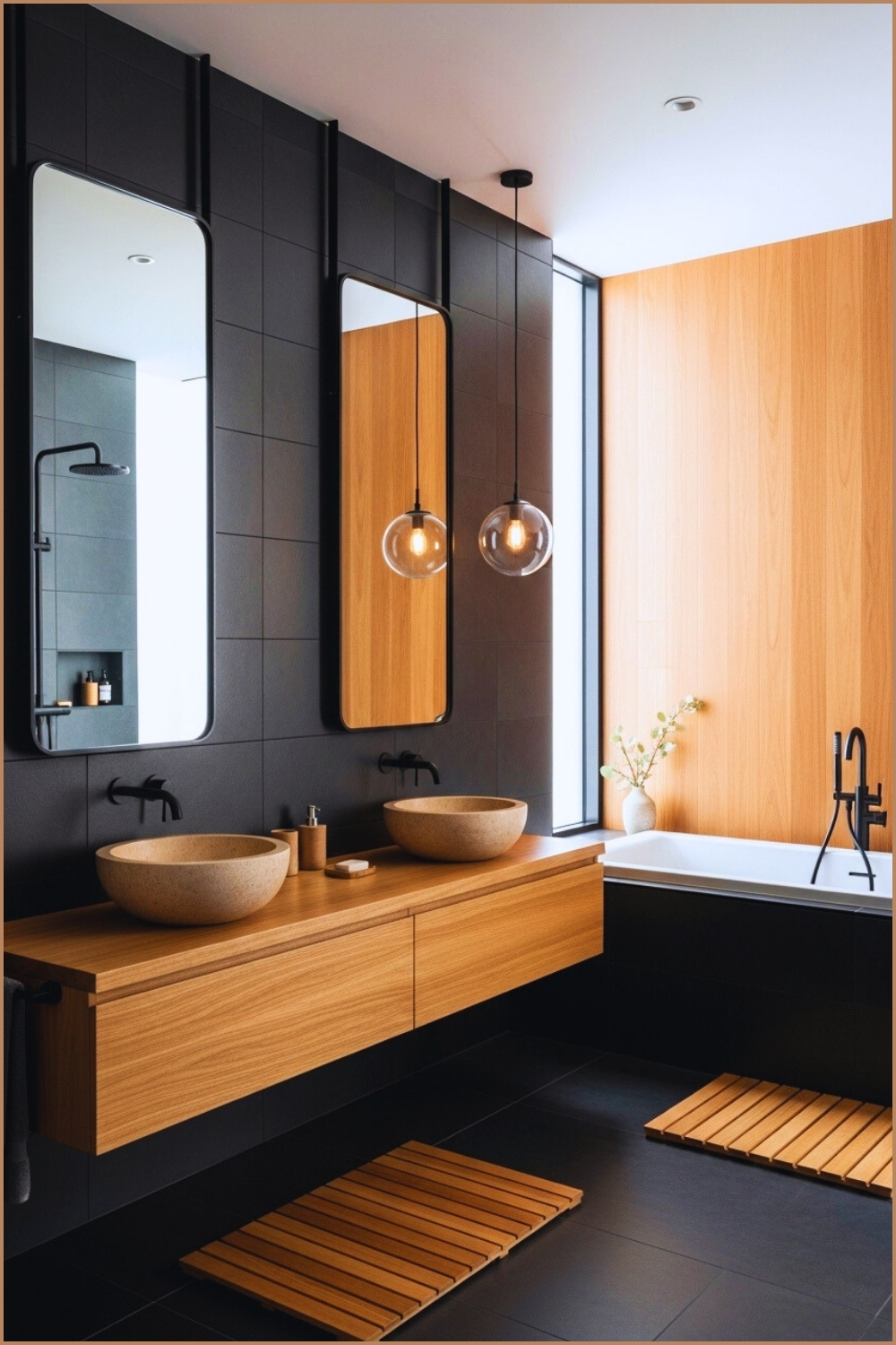 Modern Contemporary Bathroom With Dark Charcoal Tile Walls