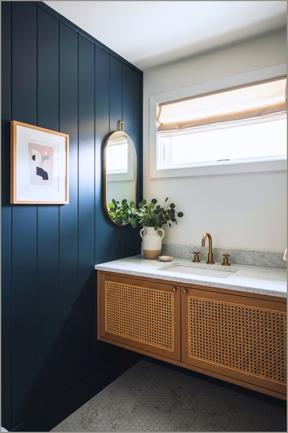 Modern Cozy Bathroom With Dark Navy Vertical Wall Paneling