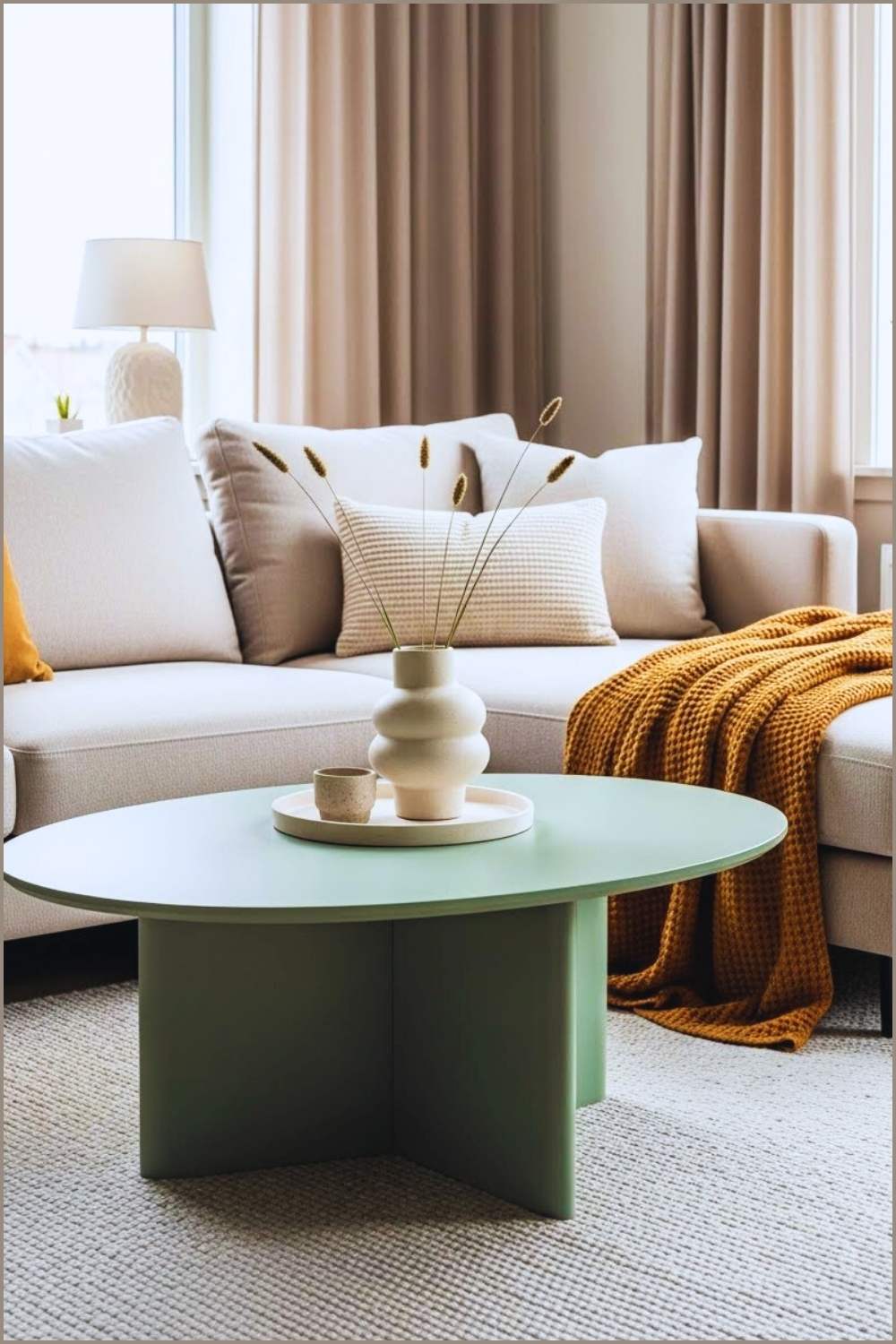 Modern Cozy Living Room With A Soft Sage Green Rounded