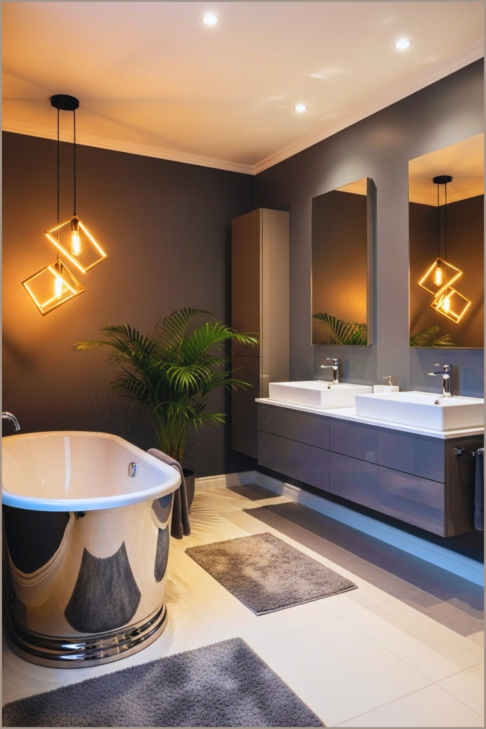 Modern Dark Bathroom Design, Metallic Chrome Freestanding Tub
