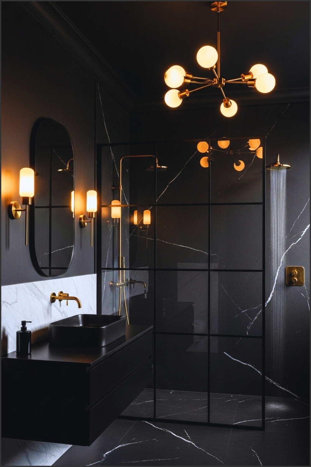 Modern Dark Bathroom Interior, Matte Black Walls With Subtle