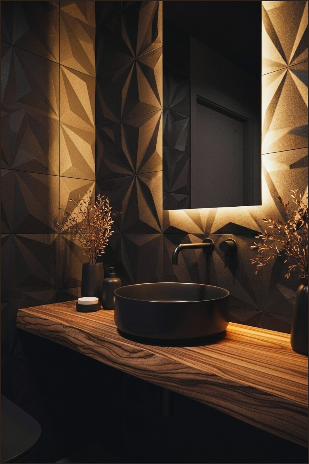 Modern Dark Bathroom With Sculpted 3d Geometric Black Wall Tiles