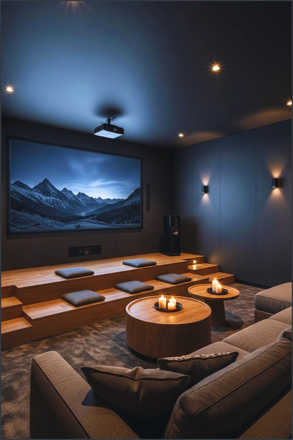 Modern Dark Home Theater Room Large Wall Mounted