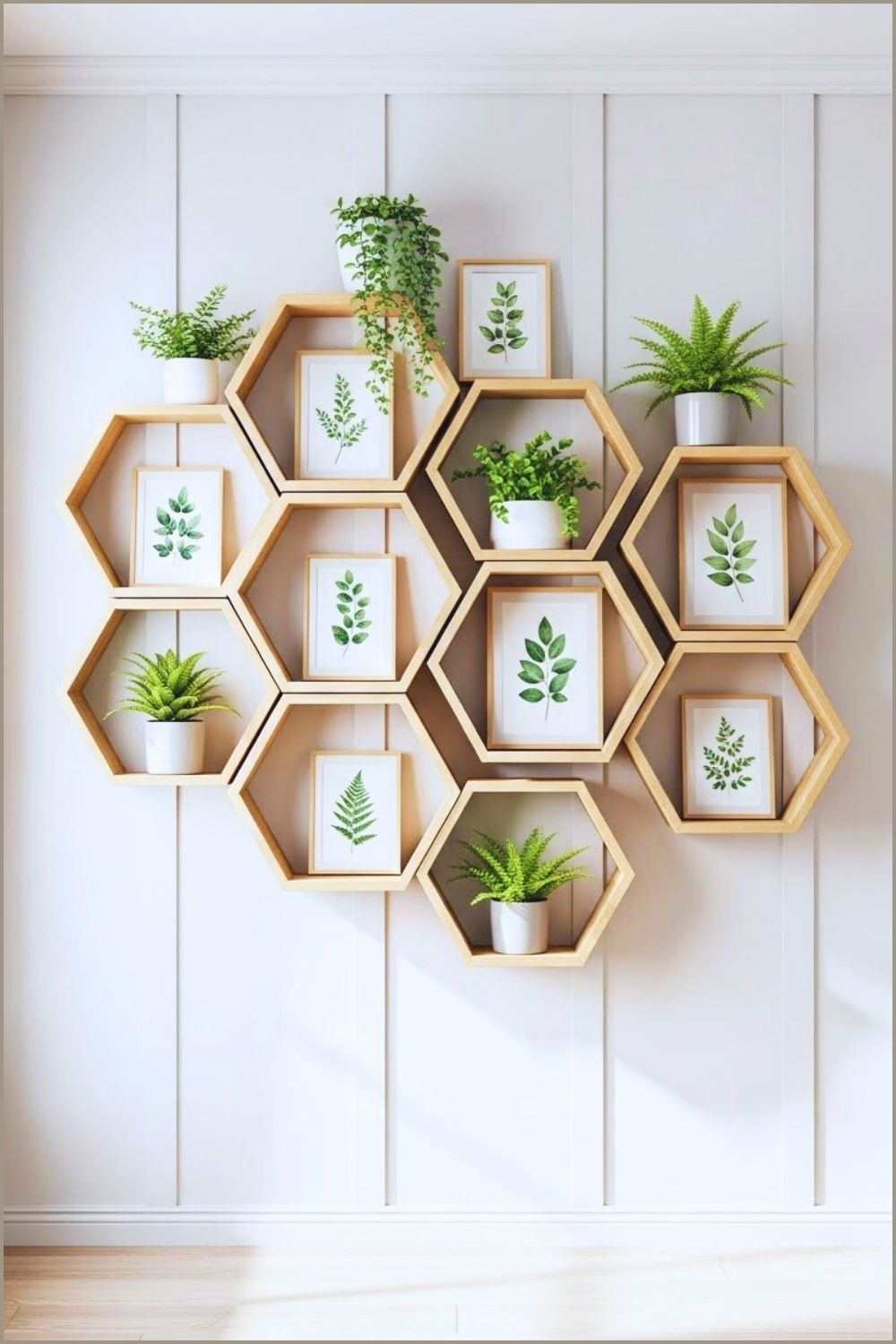 Modern Entryway Gallery Wall With Wooden Hexagon Shelves Arranged