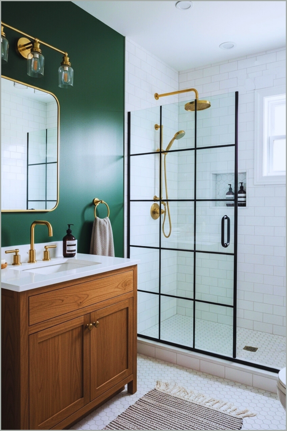 Modern Farmhouse Bathroom, Green Accent Wall, Warm Wood Vanity