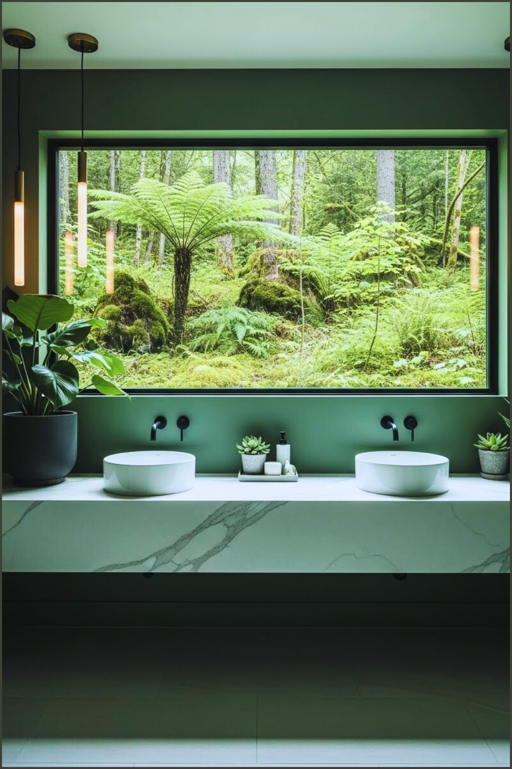 Modern Forest Green Bathroom With Large Black-framed Window