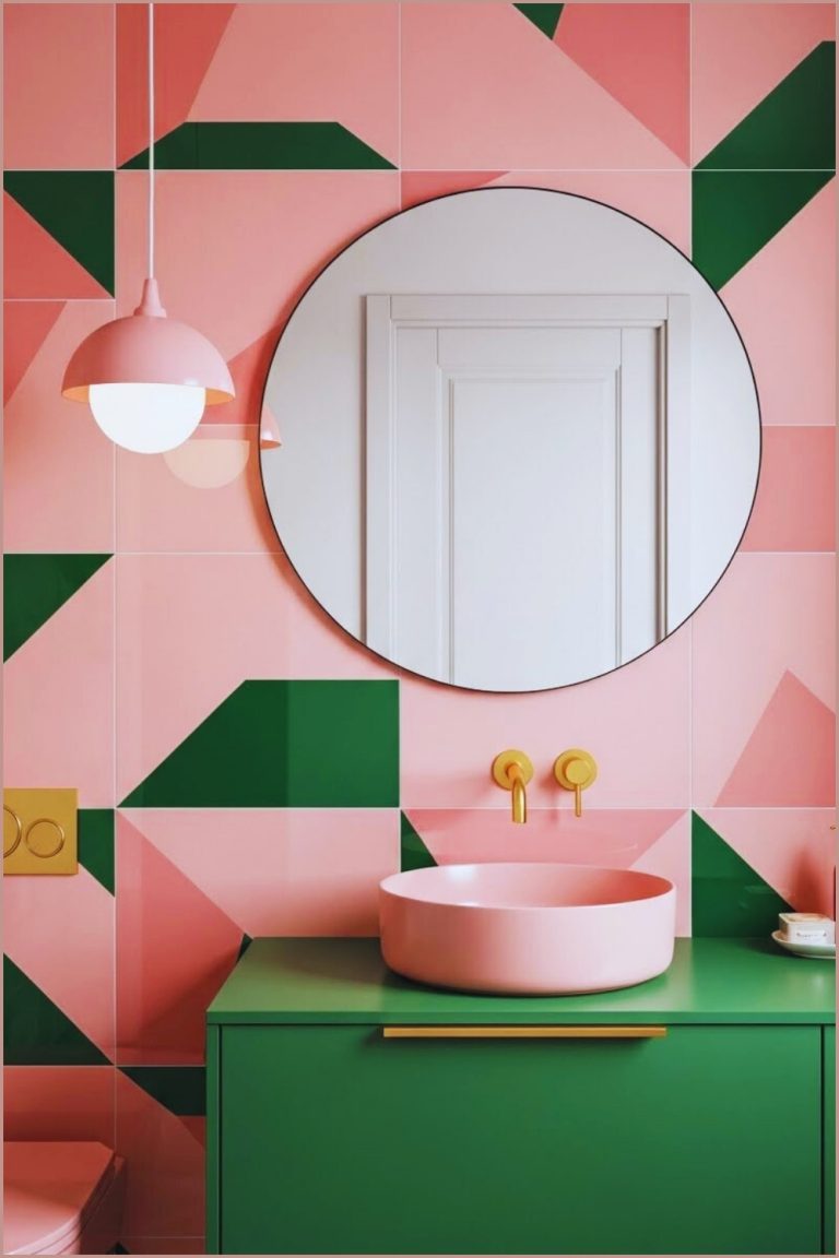 Modern Geometric Pink And Green Bathroom Design