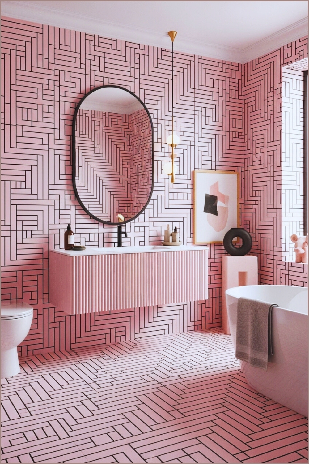 Modern Geometric Pink Bathroom With Black Linear Patterns