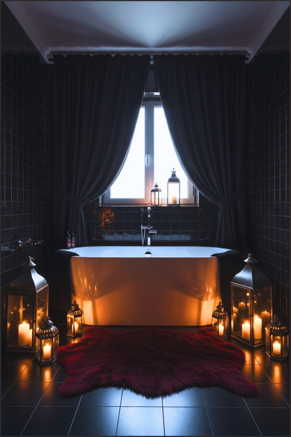 Modern Gothic Bathroom, Deep Black Tiled Walls, Freestanding White Bathtub