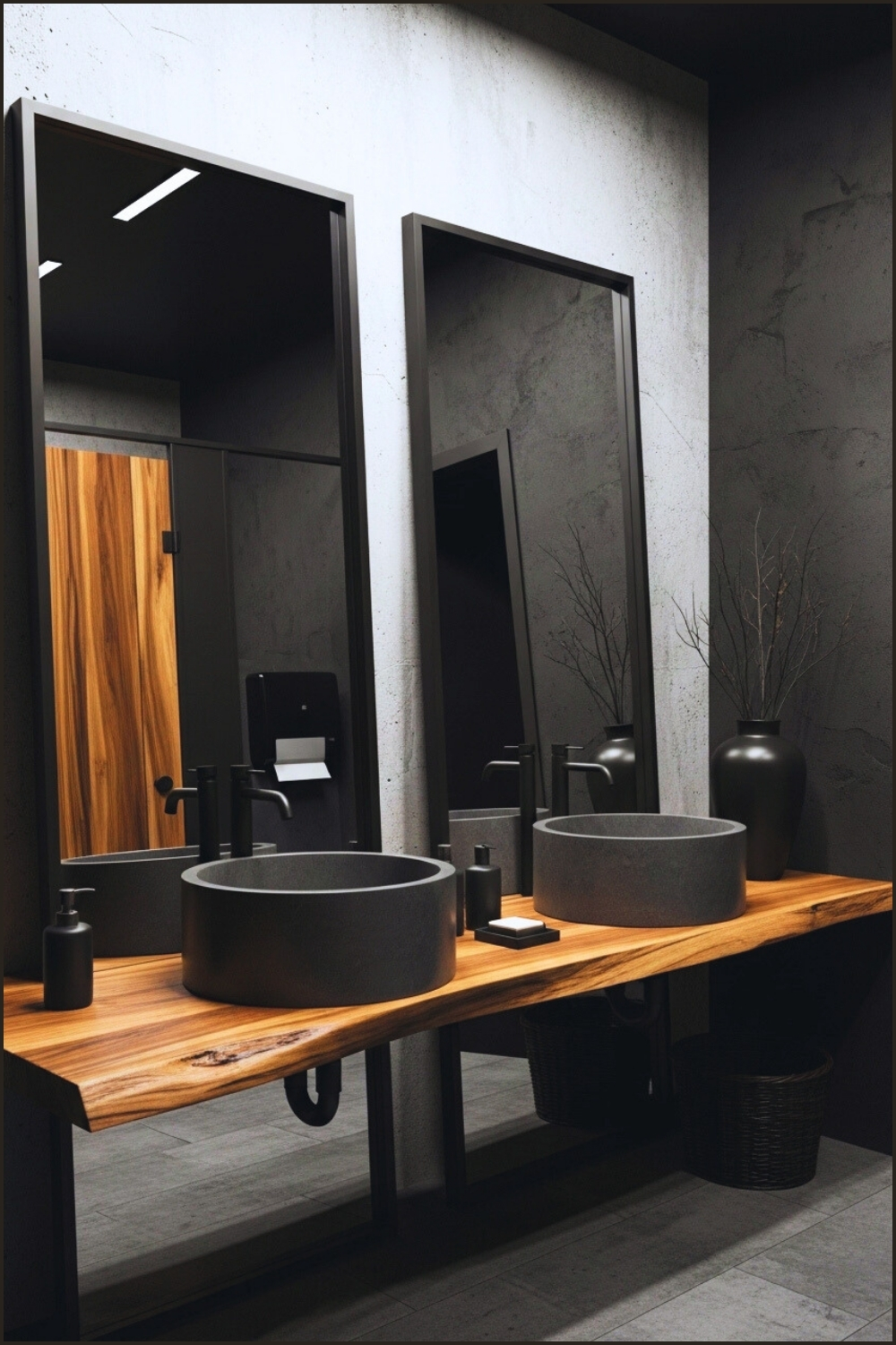 Modern Gothic Washroom, Concrete Vessel Sinks, Wooden Countertop