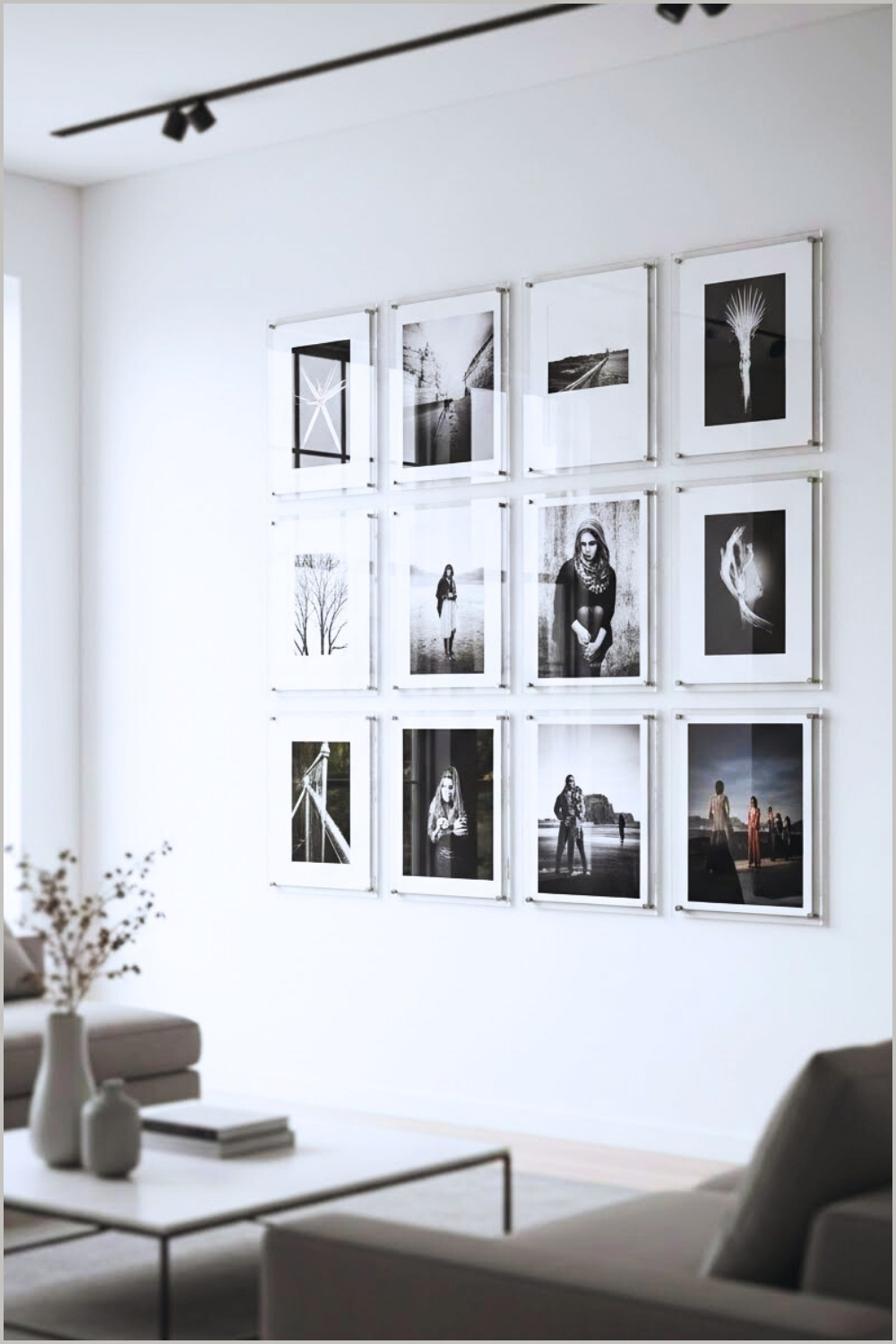 Modern Living Room Gallery Wall With Floating Acrylic Frames