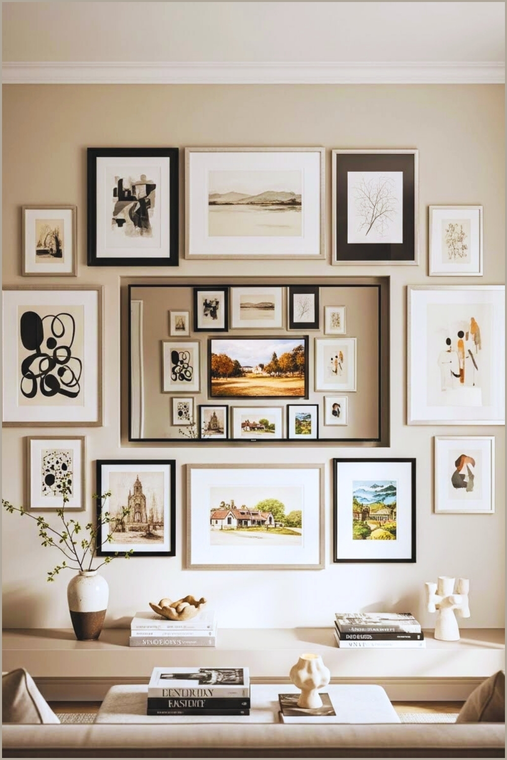 Modern Living Room Tv Wall Surrounded By Symmetrical Gallery