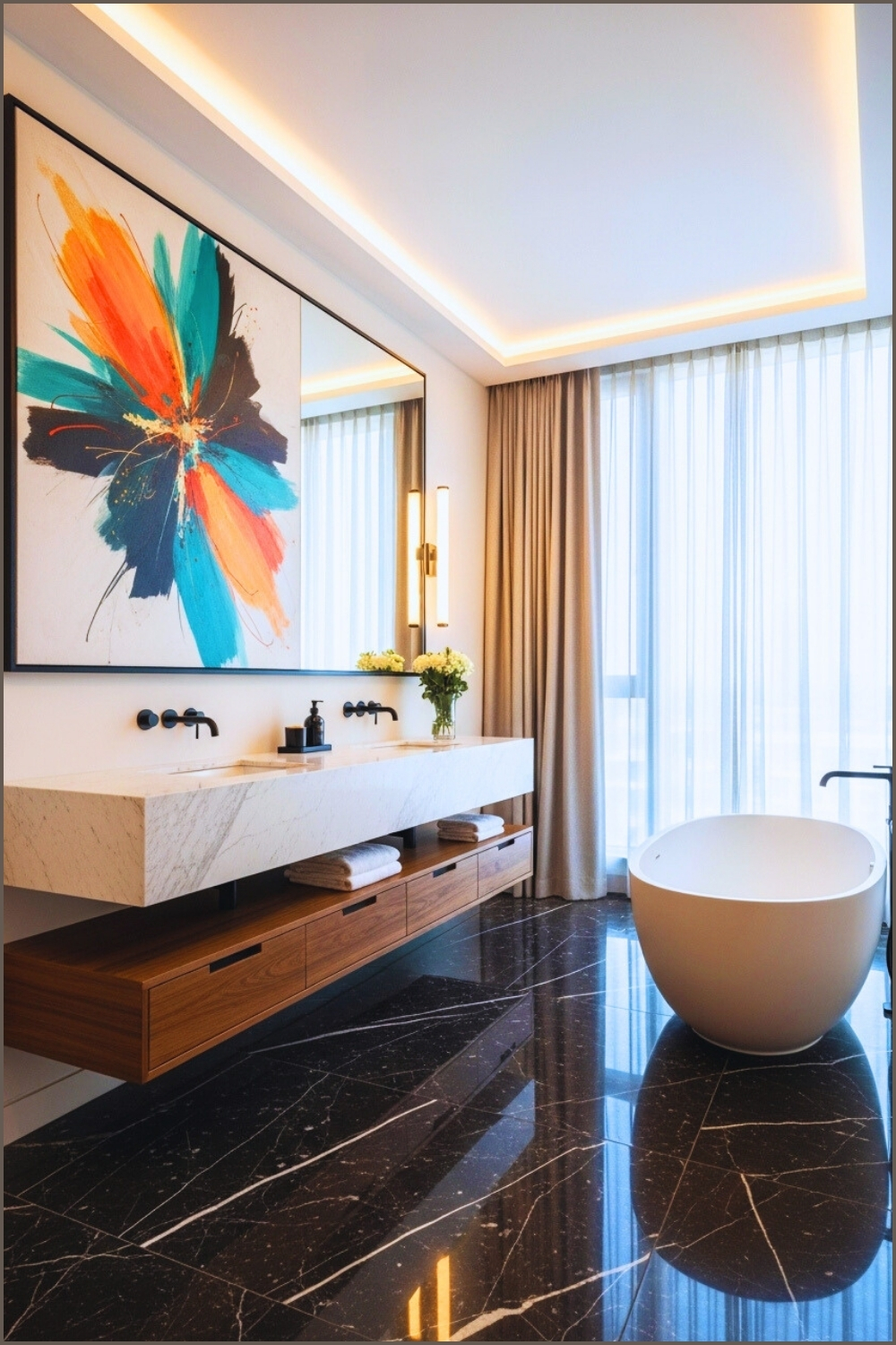 Modern Luxury Bathroom, Warm Wood Accents, Floating Marble