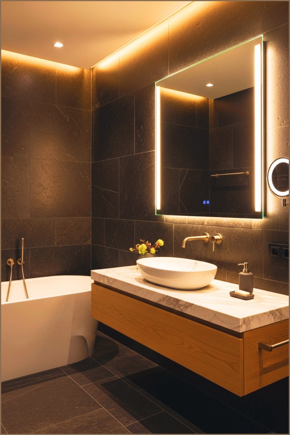 Modern Luxury Bathroom With Dark Textured Stone Walls