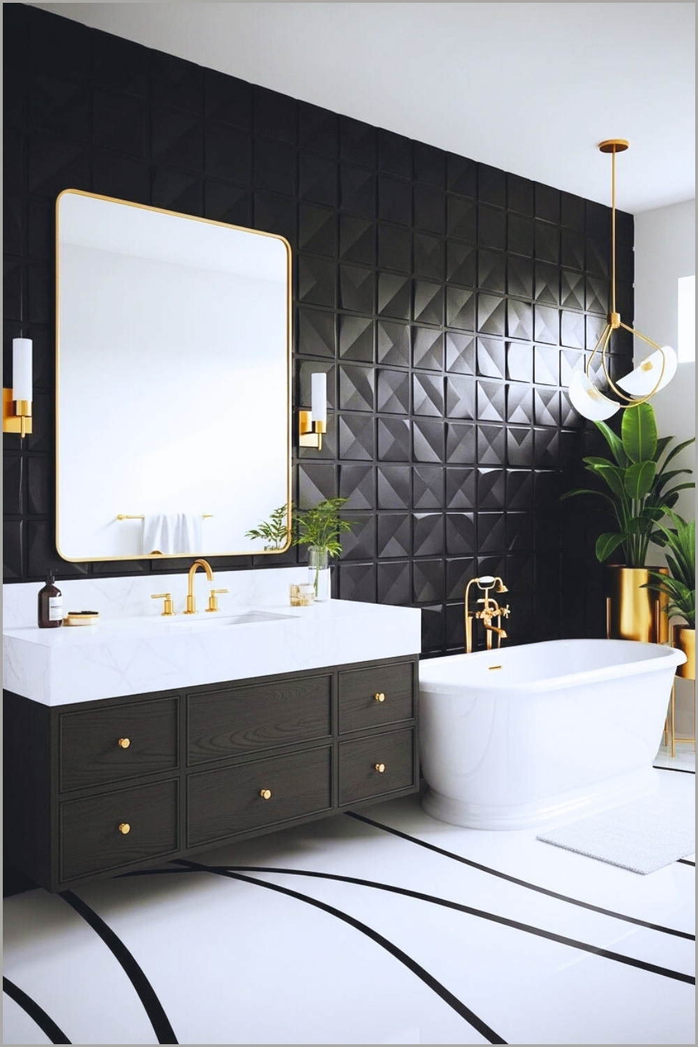 Modern Luxury Bathroom With Dramatic Black Geometric