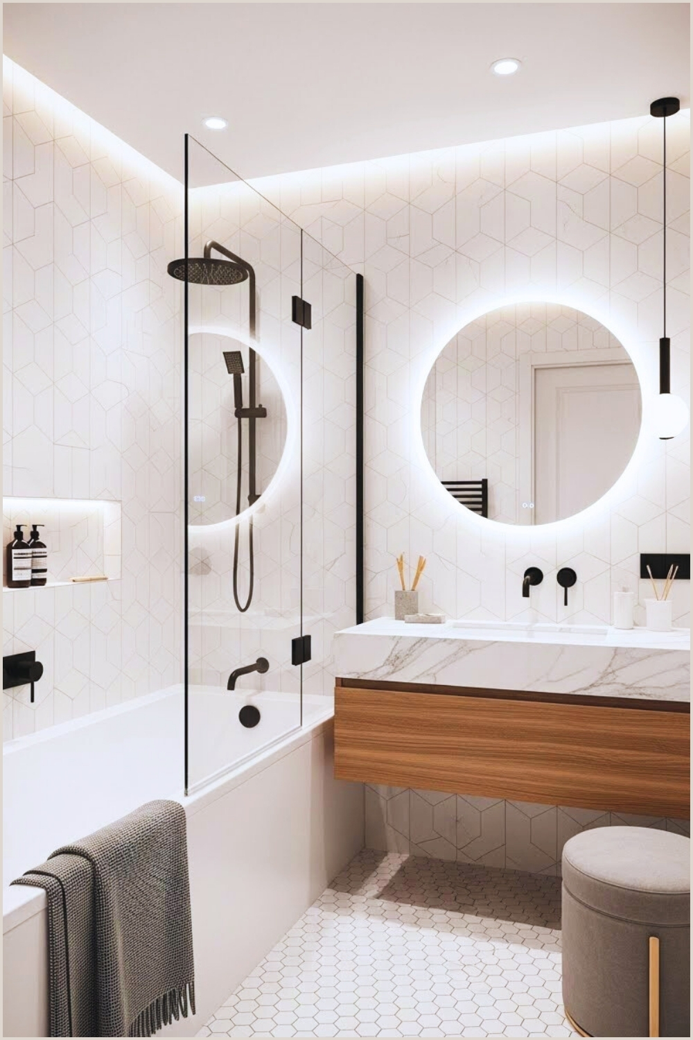 Modern Luxury Bathroom With Geometric White Wall Tiles