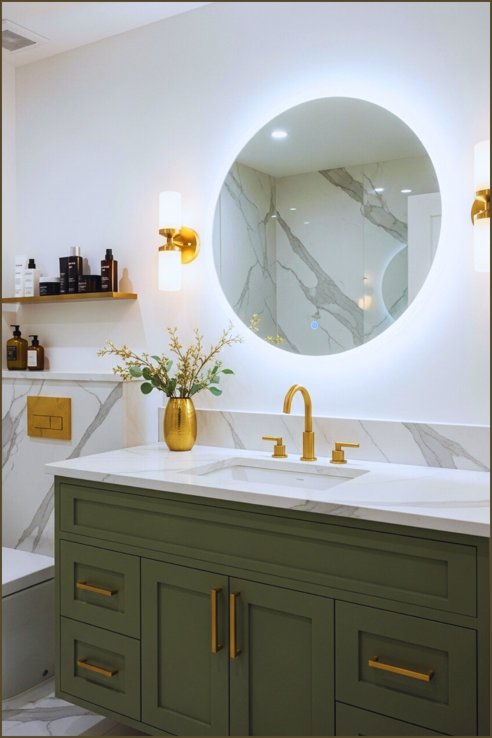Modern Luxury Bathroom With Olive Green Vanity Cabinets And Gold