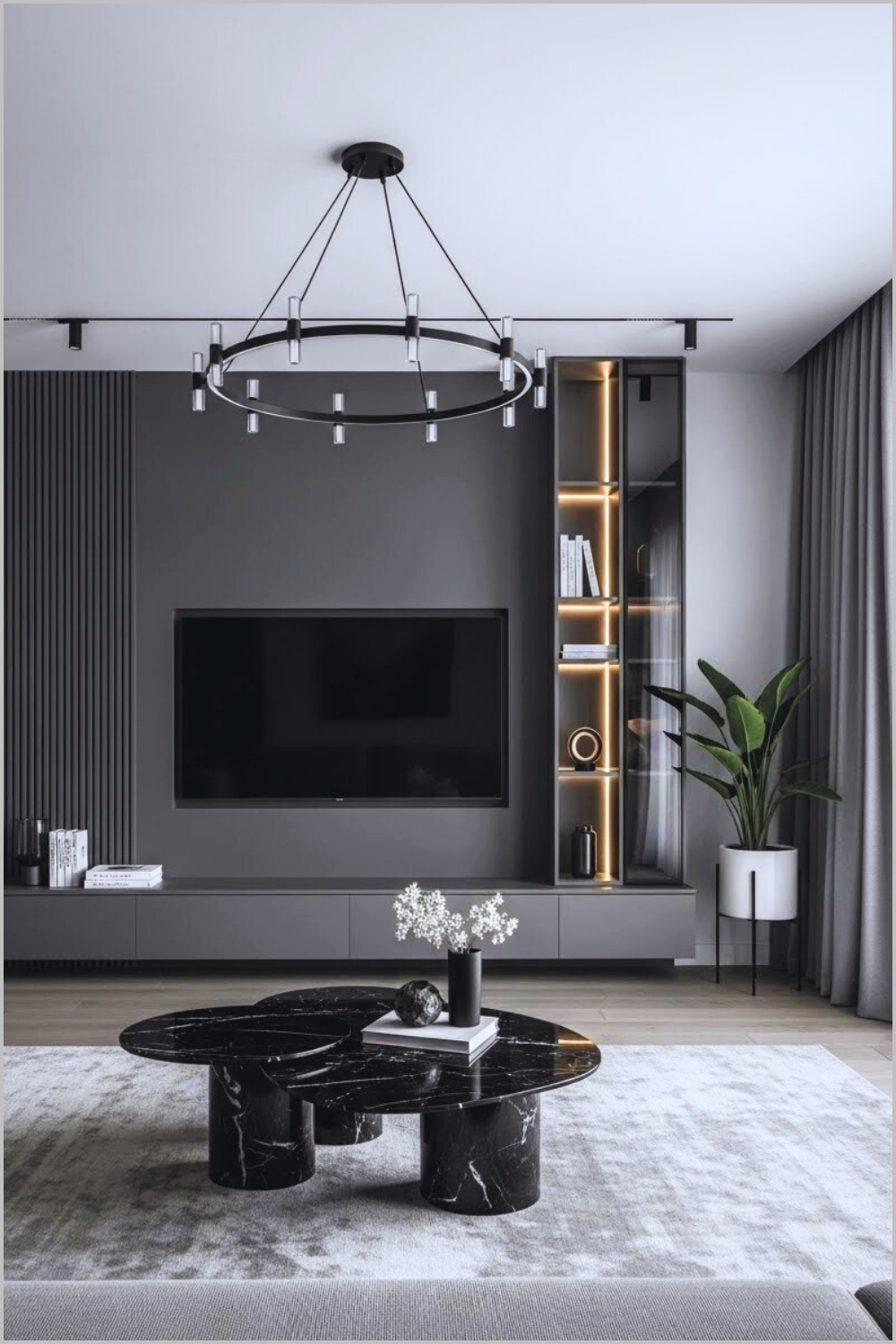 Modern Luxury Living Room Interior Dark Gray Feature Wall