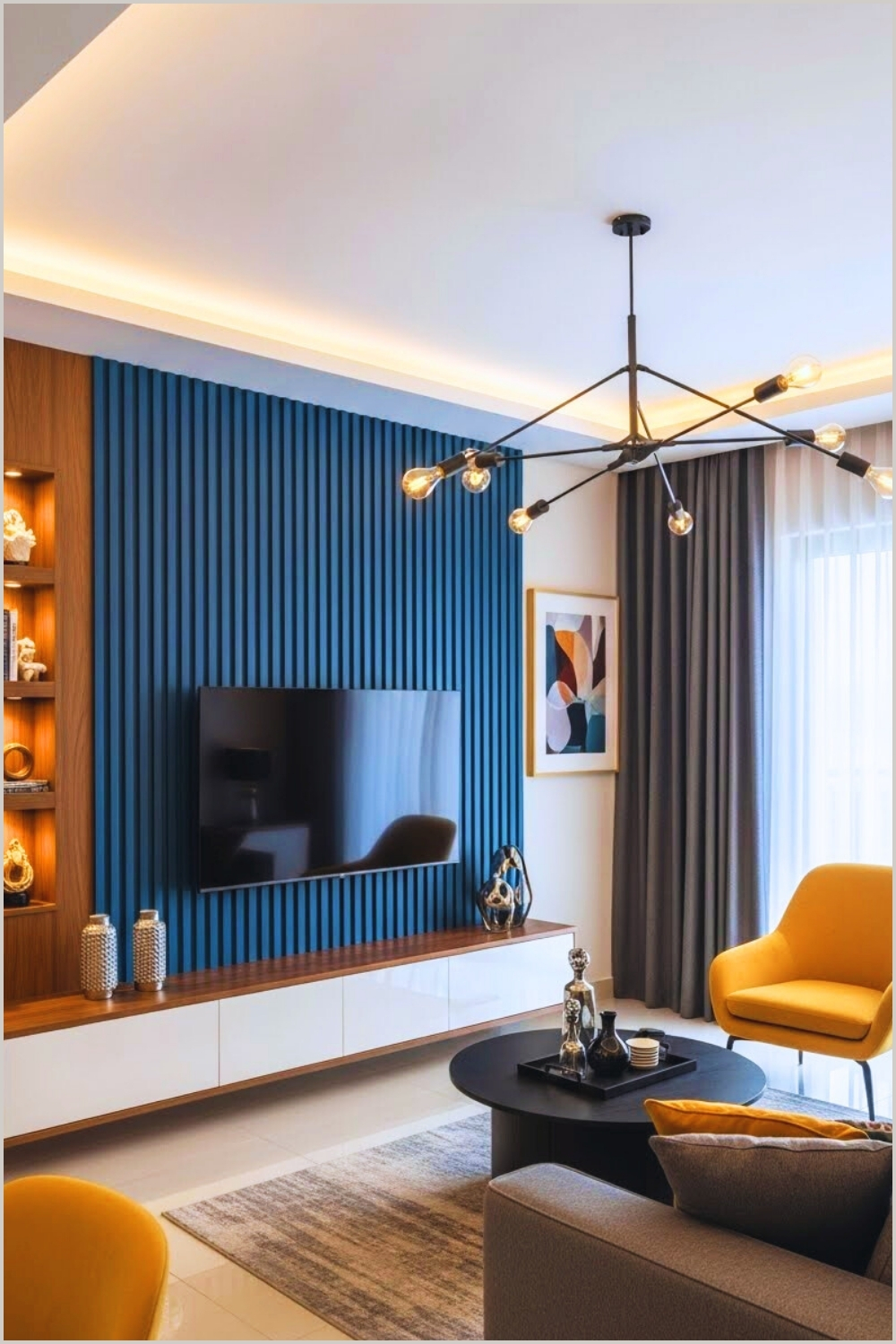 Modern Luxury Living Room Interior Deep Blue Vertical Slat
