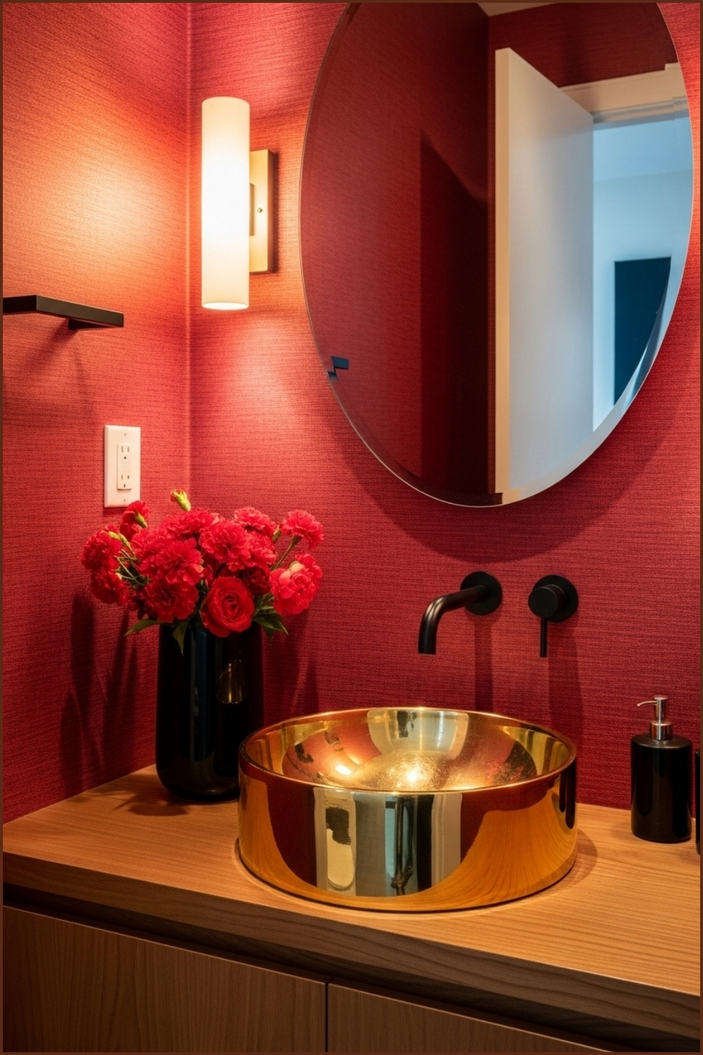 Modern Luxury Powder Room, Deep Red Textured Wallpaper