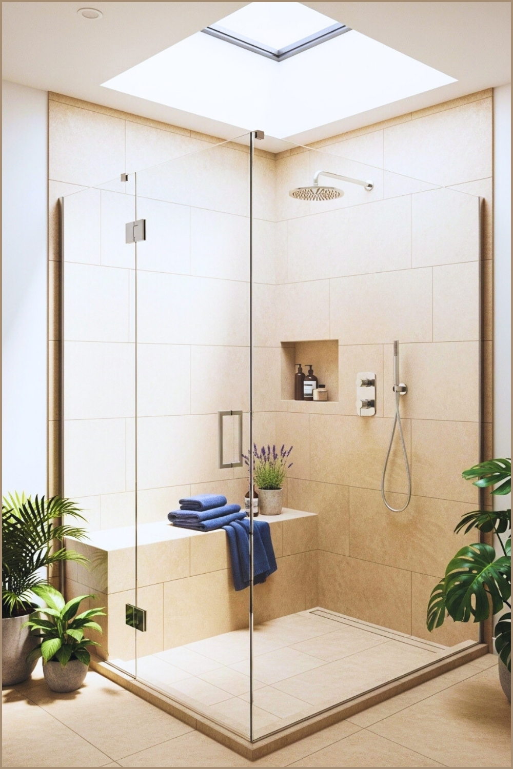Modern Mediterranean Shower, Large Skylight With Natural Sunlight