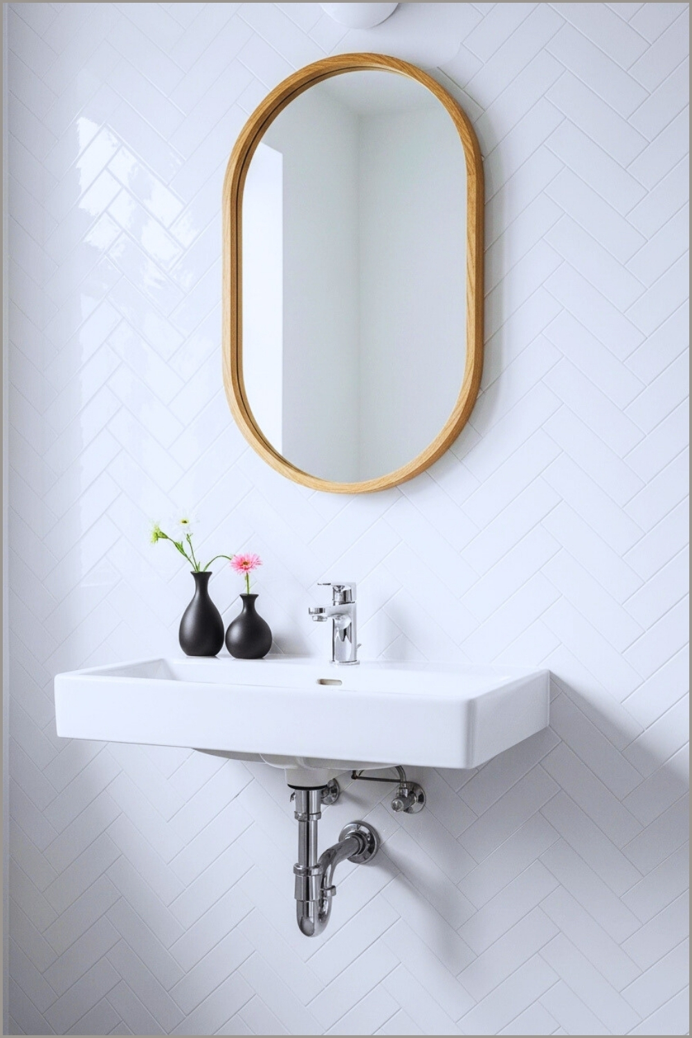 Modern Minimalist Bathroom, Glossy White Herringbone Wall Tiles