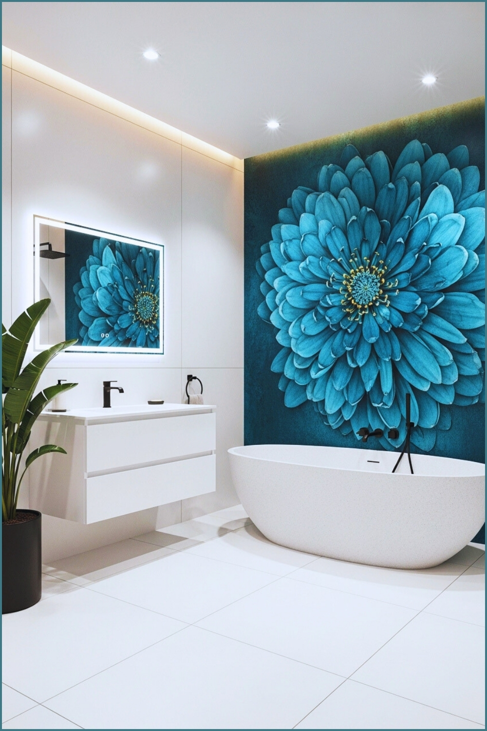 Modern Minimalist Bathroom, Large Teal Blue Floral Wall Art