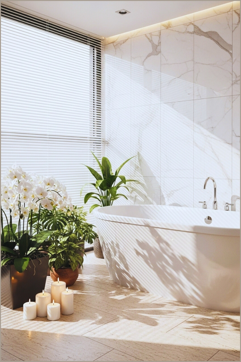 Modern Minimalist Bathroom, Large White Freestanding Bathtub