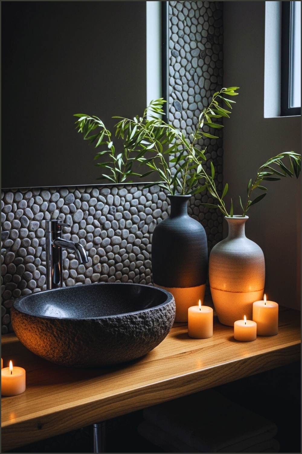 Modern Minimalist Bathroom Vanity, Dark Stone Vessel Sink
