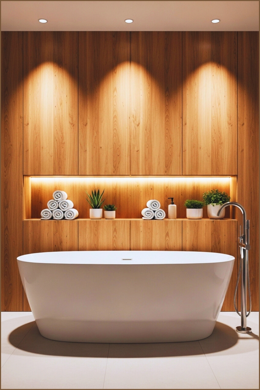 Modern Minimalist Bathroom, Warm Natural Wood Panel