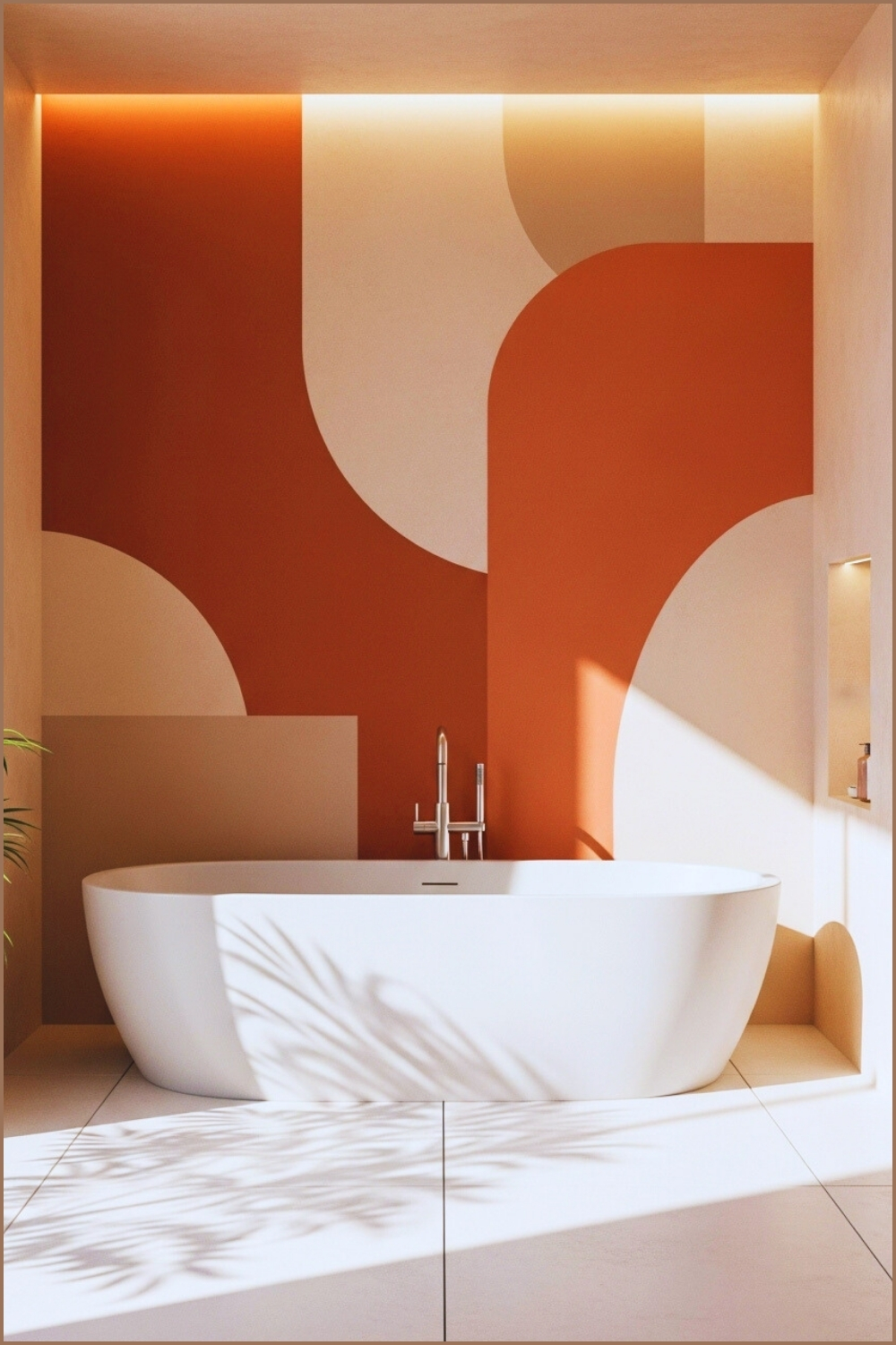 Modern Minimalist Bathroom With Abstract Terracotta And Beige Geometric