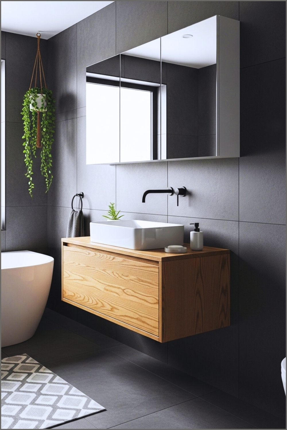 Modern Minimalist Bathroom With Dark Charcoal Tile Walls