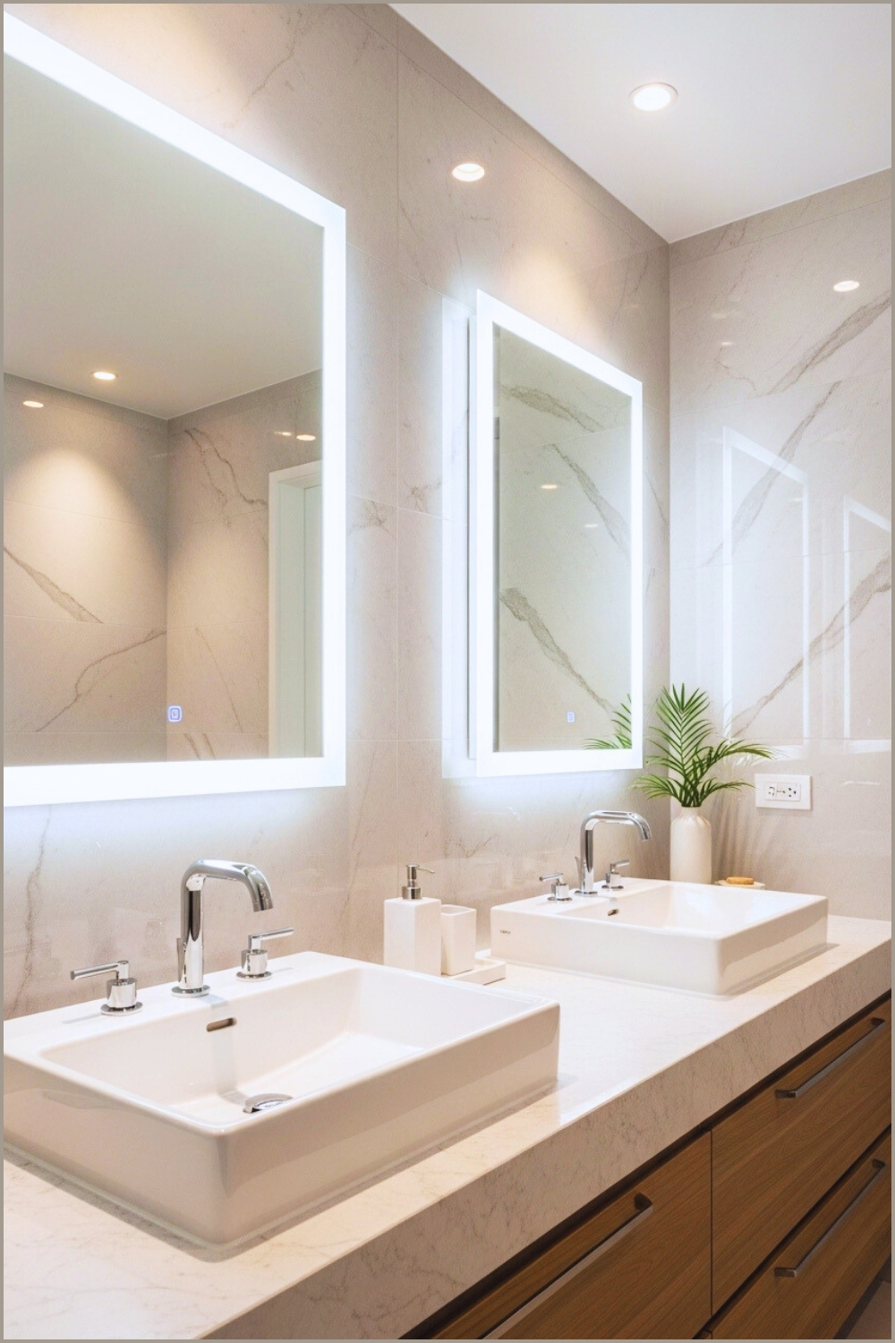 Modern Minimalist Bathroom With Sleek Dual White Sinks