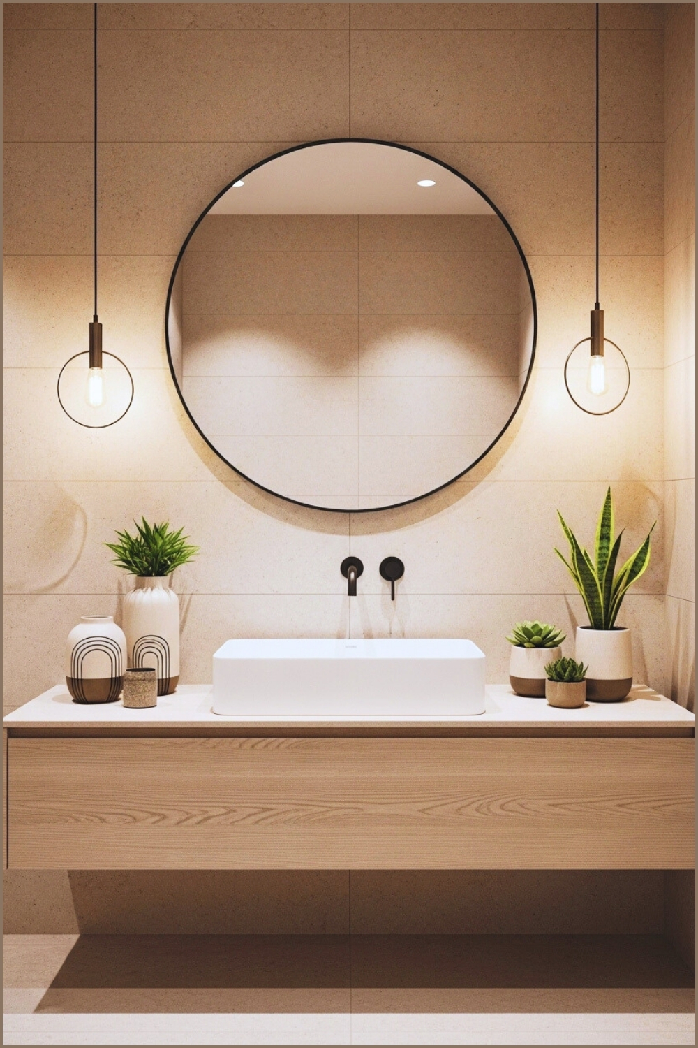 Modern Minimalist Bathroom With Soft Beige Stone Walls