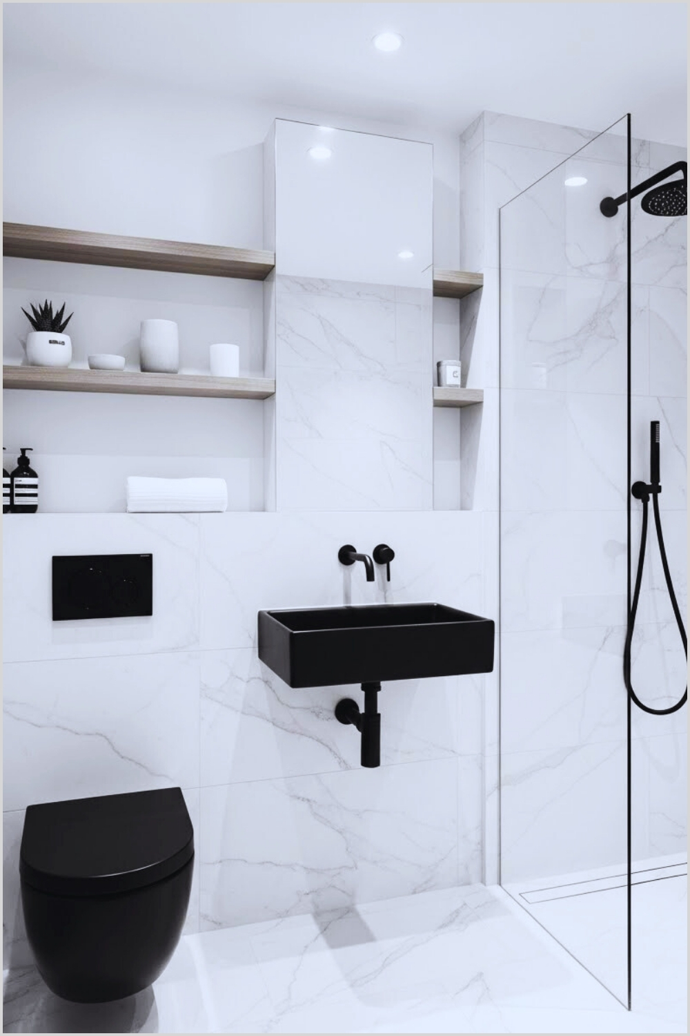 Modern Minimalist Bathroom With White Marble Tiles