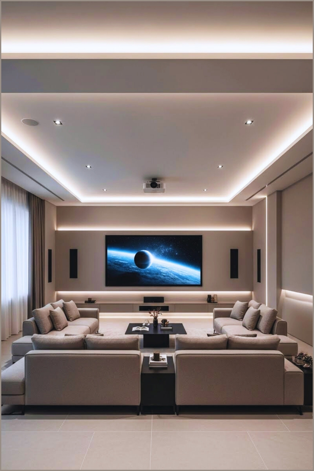 Modern Minimalist Home Theater Room Sleek Neutral Gray