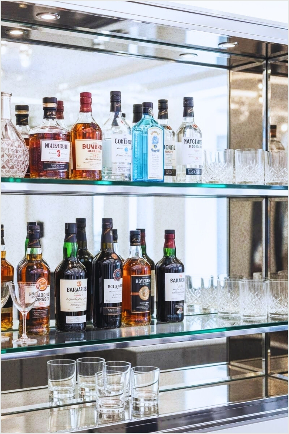 Modern Mirrored Bar Shelf With Reflective Back Panel