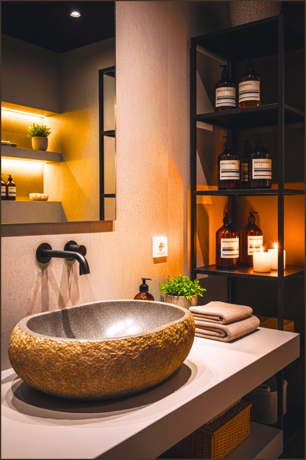 Modern Moody Bathroom With A Large Stone Vessel Sink