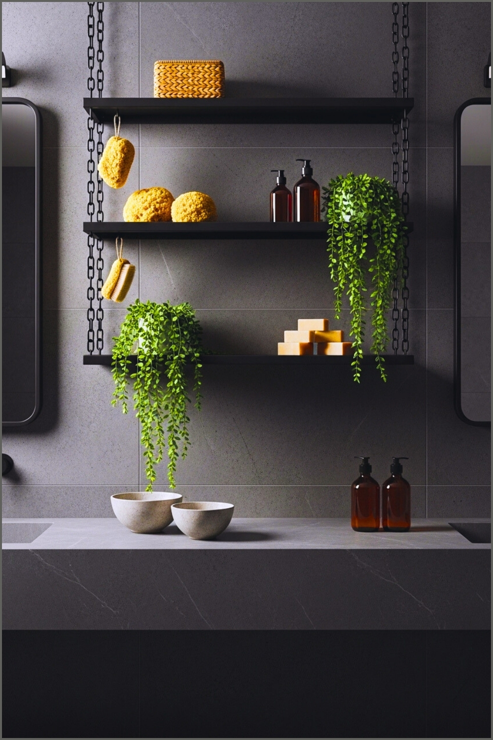 Modern Moody Bathroom With Dark Gray Stone Walls