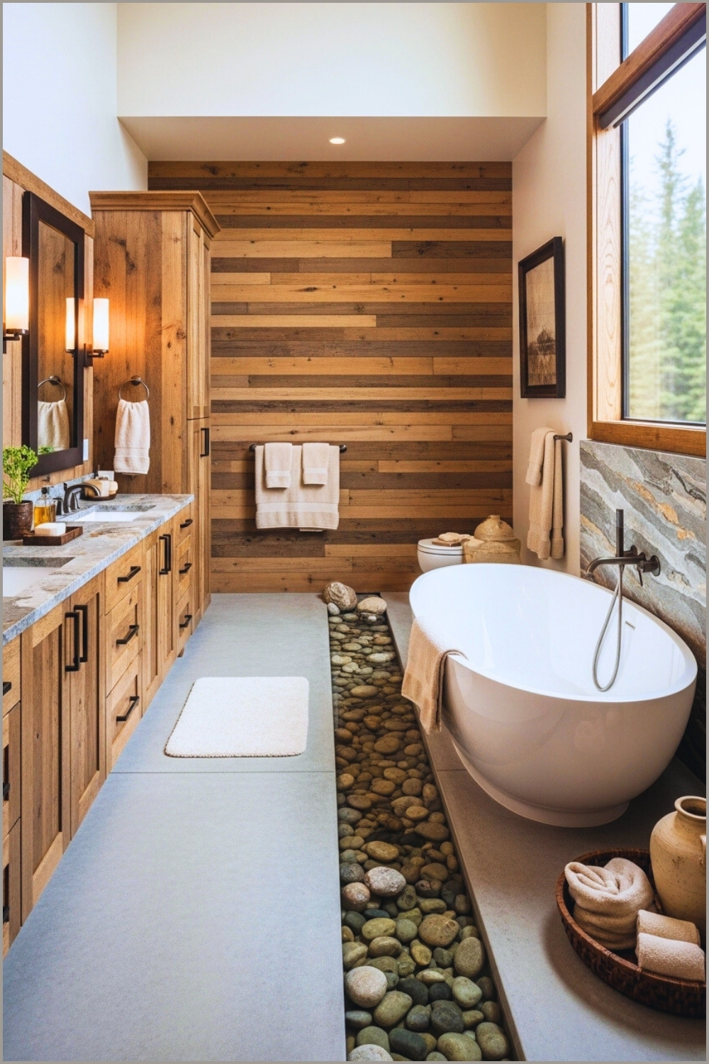 Modern Mountain Spa Bathroom, River Rock Channel Flooring