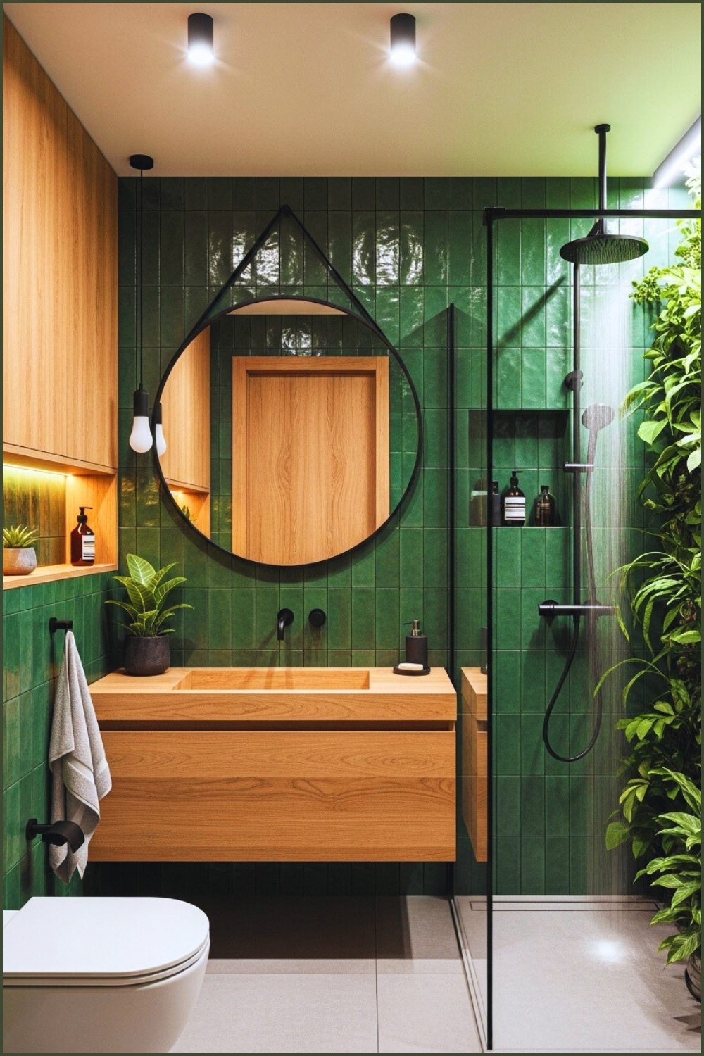 Modern Nature Inspired Bathroom With Deep Forest Green
