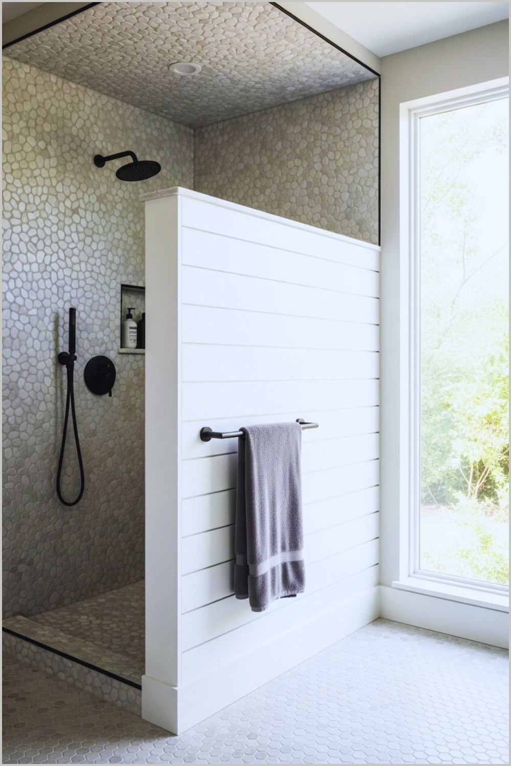 Modern Neutral Bathroom With Textured Pebble Shower Tiles