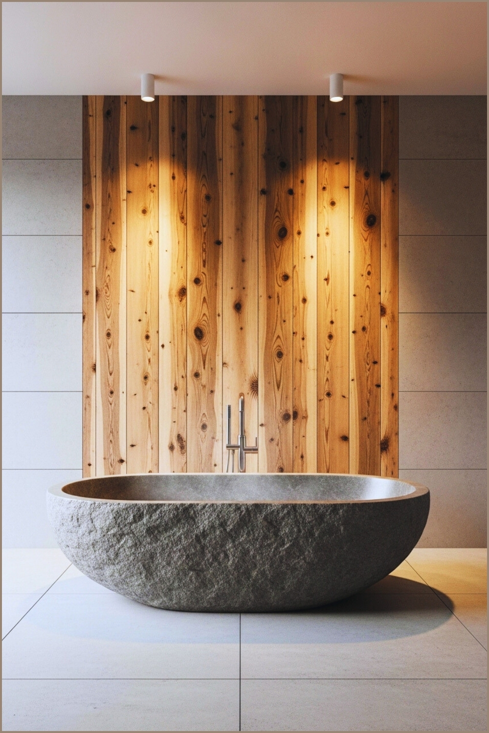 Modern Organic Bathroom With Large Stone Vessel Tub