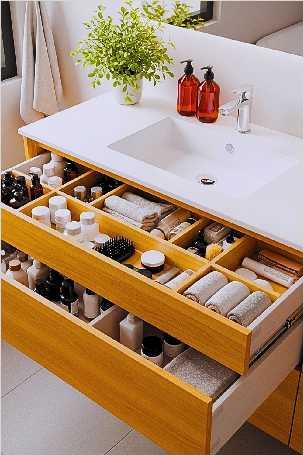 Modern Organized Bathroom Vanity With Light Wood Drawers