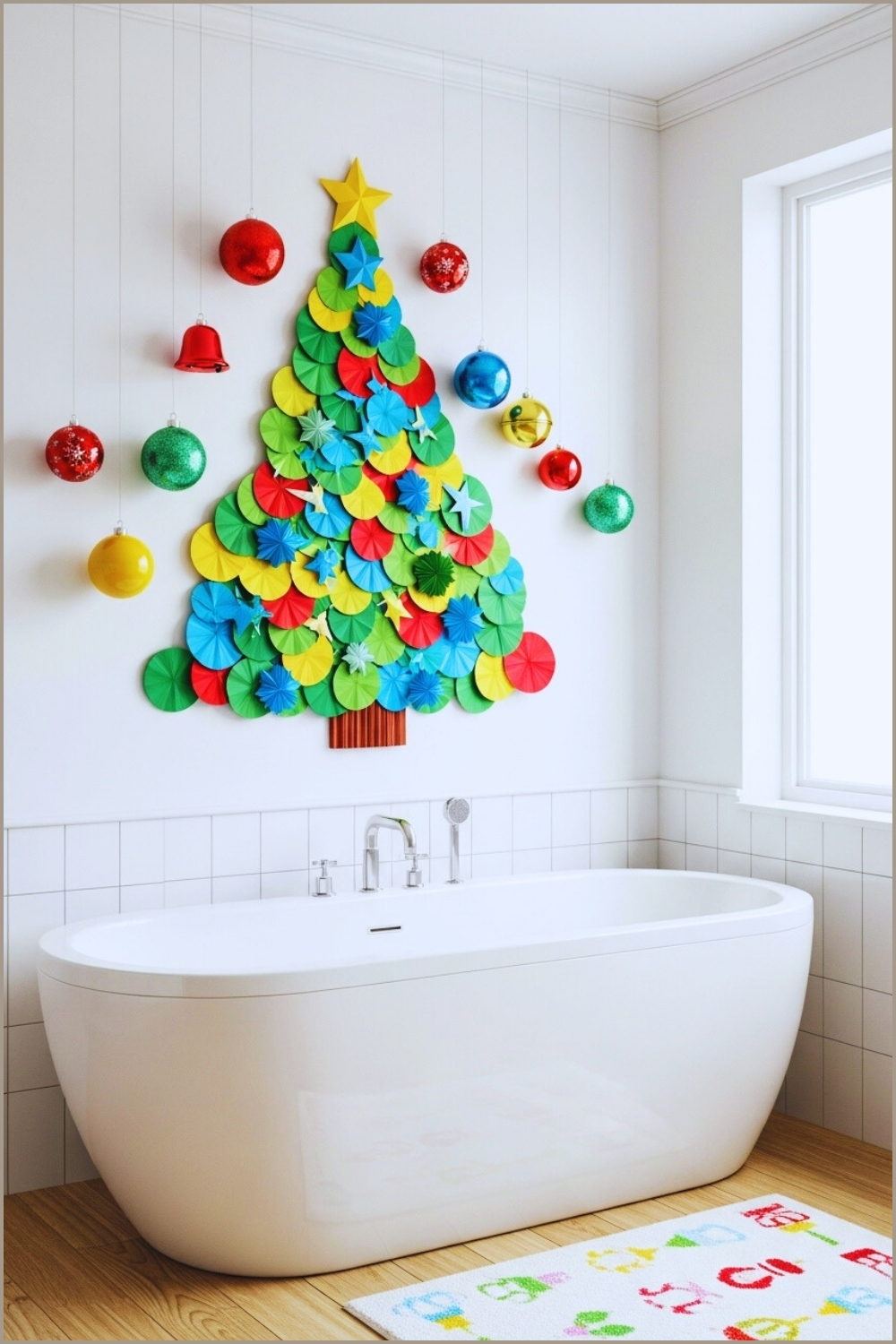 Modern Playful Bathroom With A Simple White Tub, Colorful Layered Paper