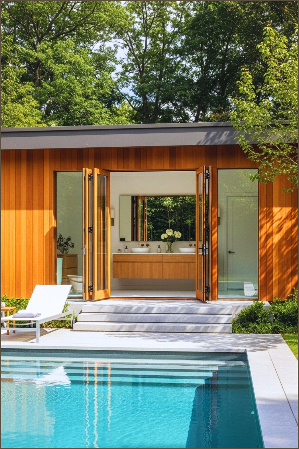 Modern Poolside Bathroom Pavilion With Warm Natural