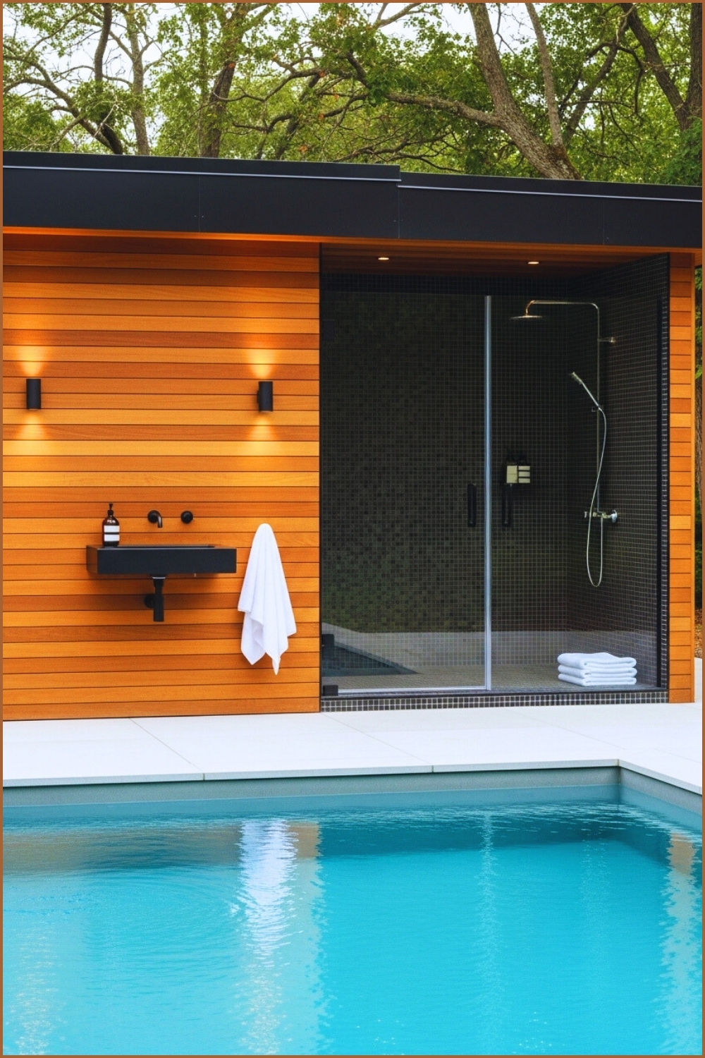 Modern Poolside Shower Pavilion With Warm Horizontal