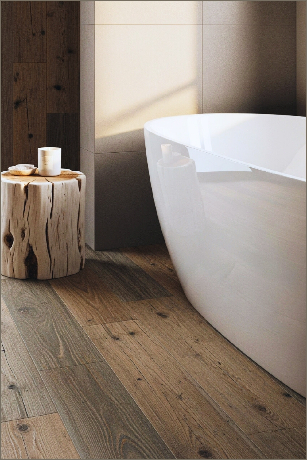 Modern Rustic Bathroom, Close-up Of Distressed Wood-look Tile Flooring