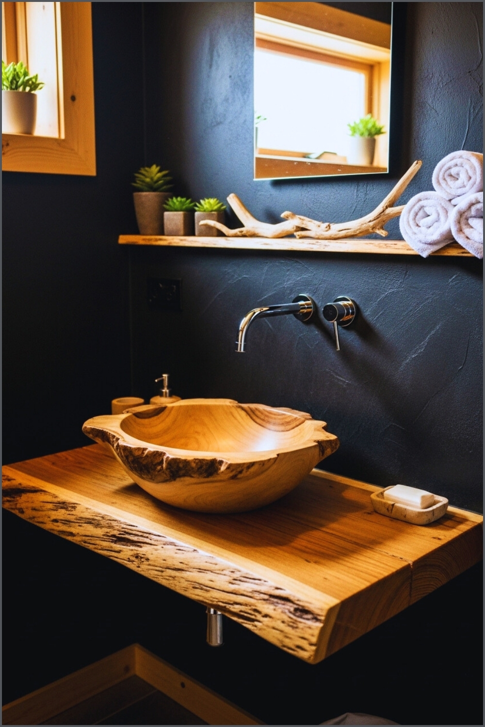 Modern Rustic Bathroom, Handcrafted Live-edge Wood Vessel