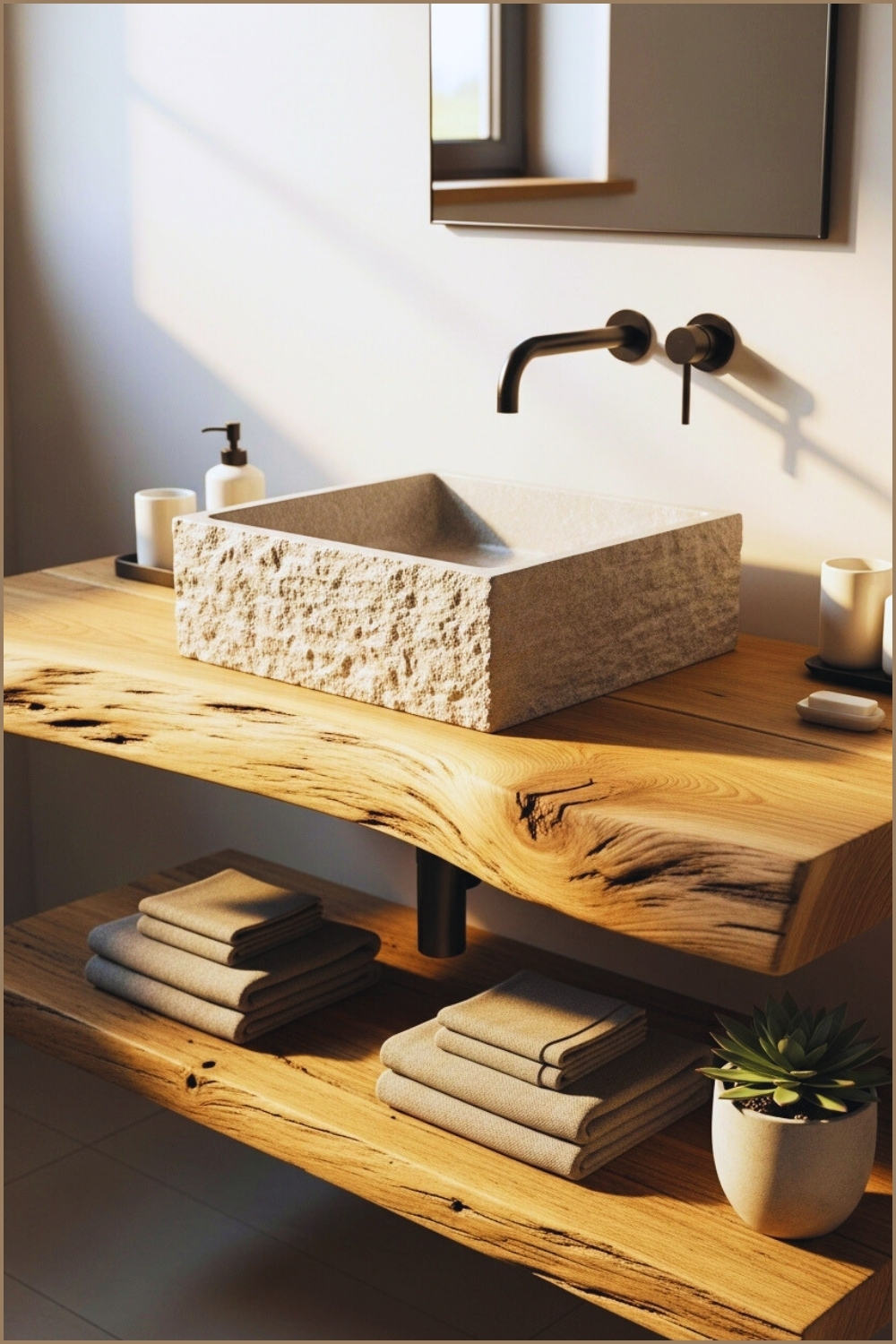 Modern Rustic Bathroom Vanity, Carved Stone-look Square Vessel